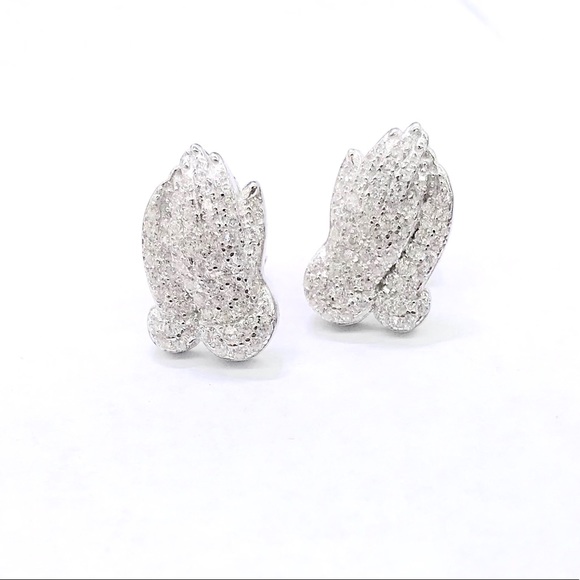 STERLING SILVER Iced Out PRAYING HAND STUD EARRING - Picture 3 of 8
